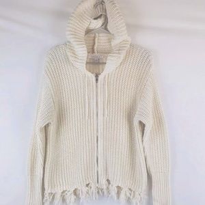 Purple Snow (Anthropologie) M Cream Zippered Front Sweater With Hoodie Fringe